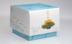 Teaposy falling water flowering tea made with calendula and jasmine flowers, packed in a box