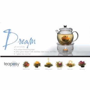 Teaposy dream posy gift set with 6 unique blooming teas, a 24 oz daydream glass teapot and the light my fire tea warmer
