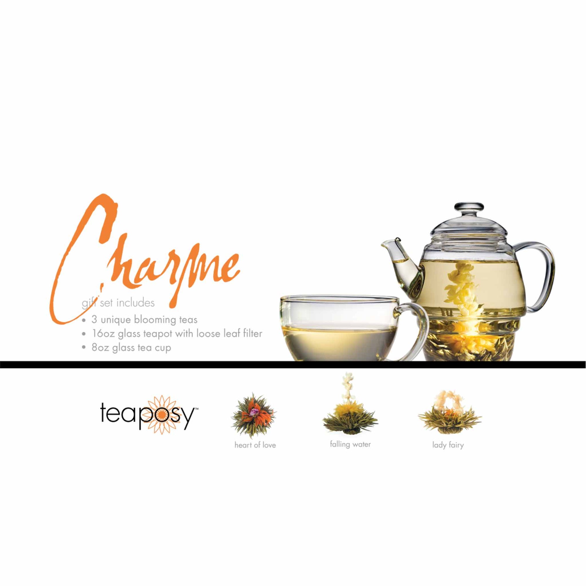 Teaposy charme posy gift set with 3 unique blooming teas, a 16oz glass teapot and an 8oz glass tea cup