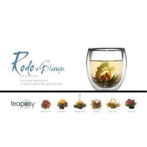 Teaposy rondo posy gift set, showing 6 unique blooming teas, and a double-walled rondo glass tea mug