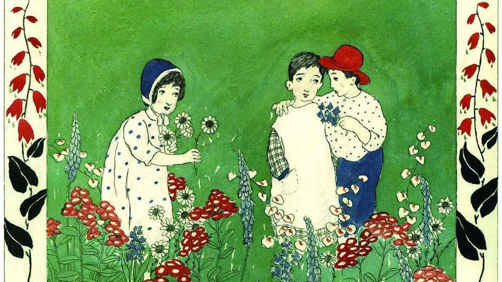 Three Japanese youth enjoying spring in a flower garden
