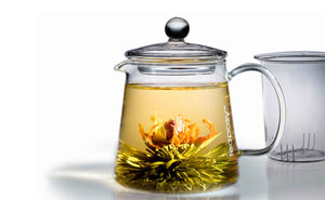 Teaposy heart of love blooming tea in the tea for two glass teapot, with a removable glass infuser