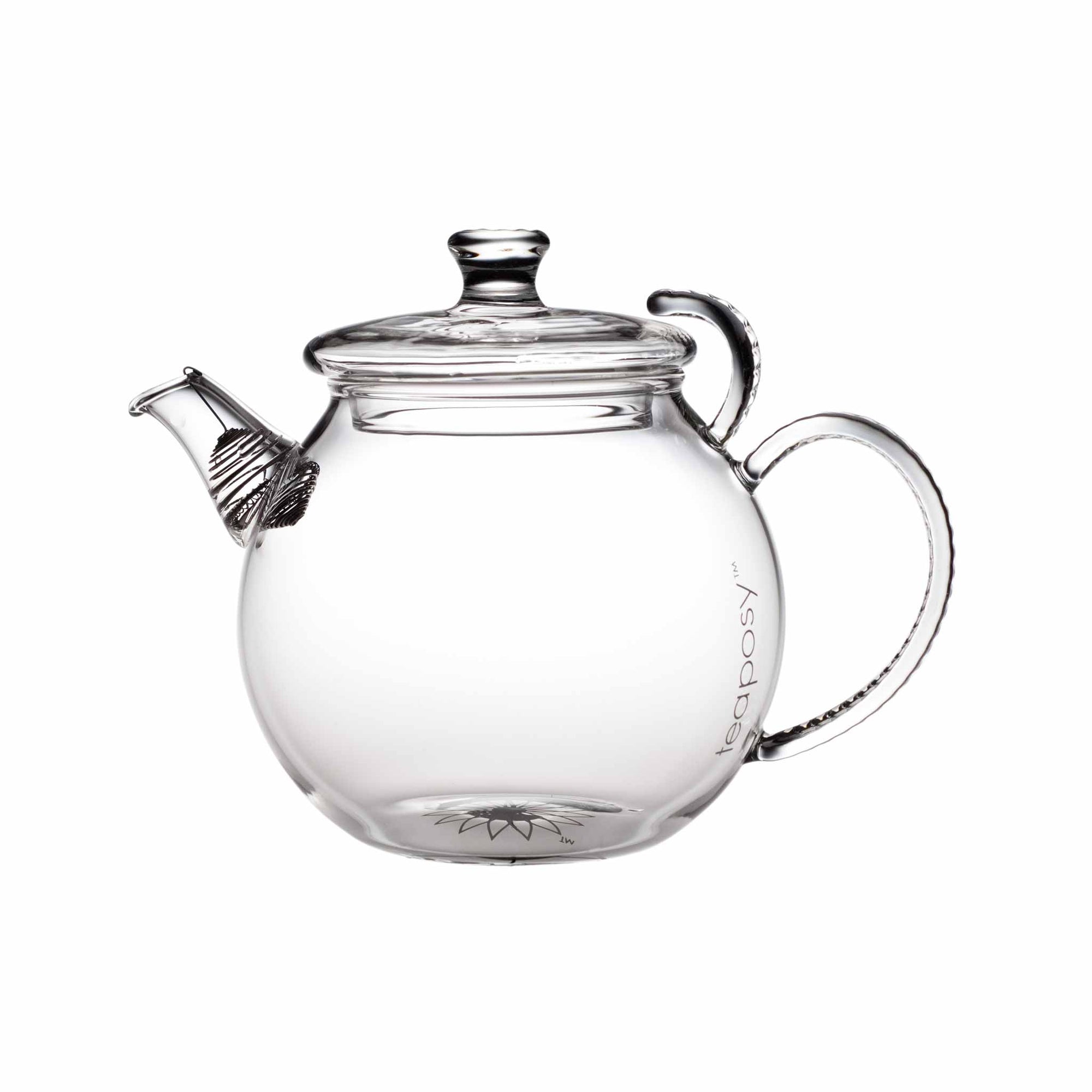 Teaposy daydream glass teapot, round shaped with crystal like handle, and a stainless steel filter at the spout