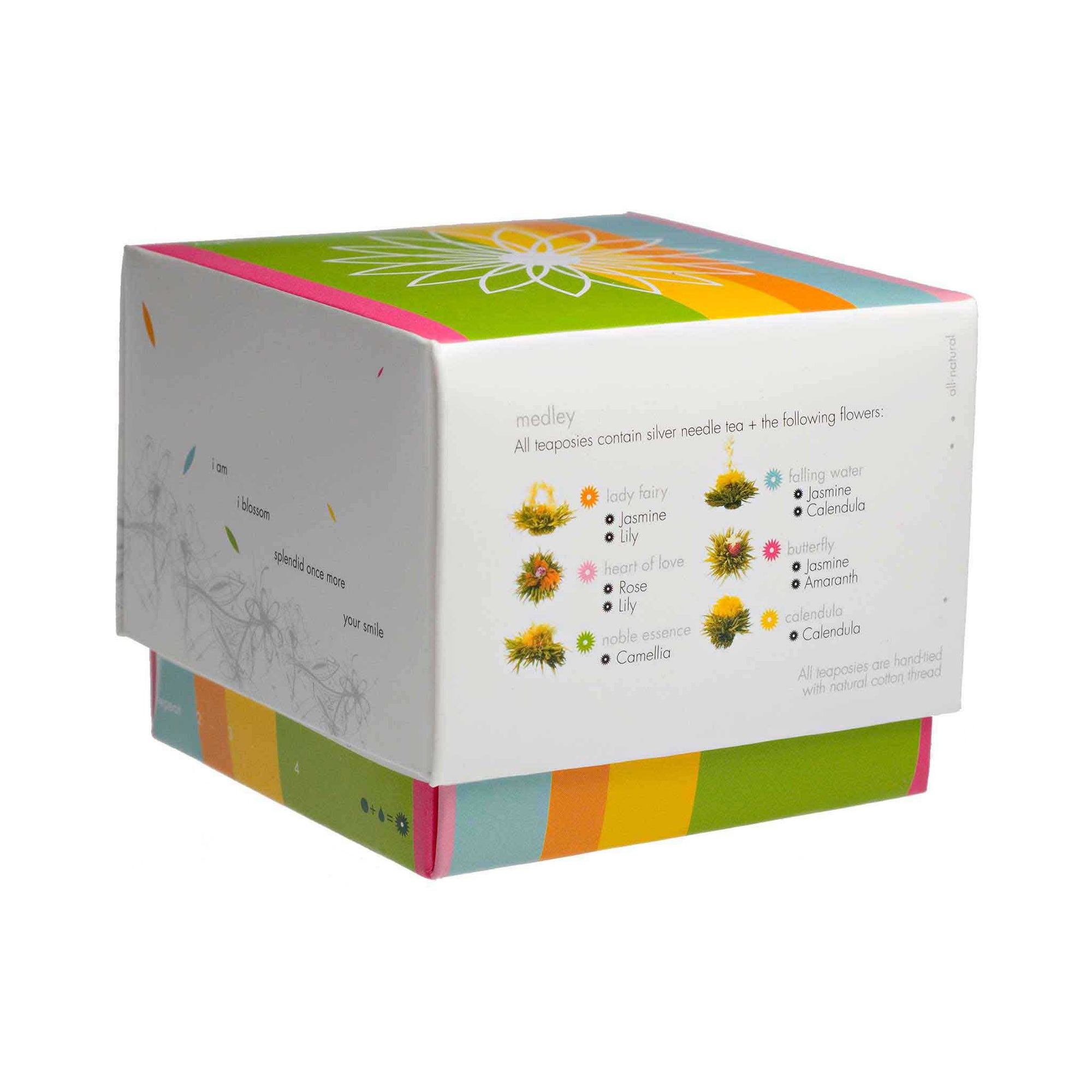 Teaposy medley blooming tea, variety of 6 silver needle white flowering teas packed in a colorful box