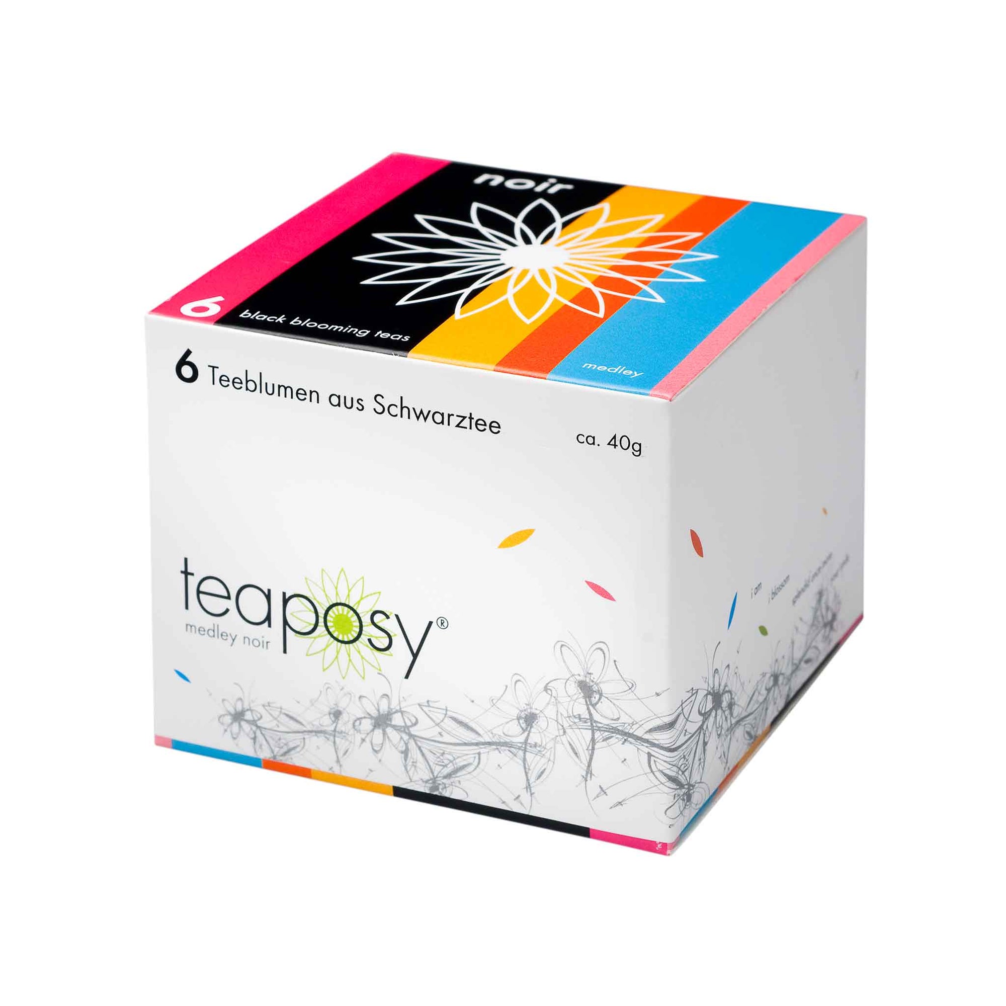 Teaposy medley noir with 6 unique blooming teas made with silver needle black teas, packed in a colorful box