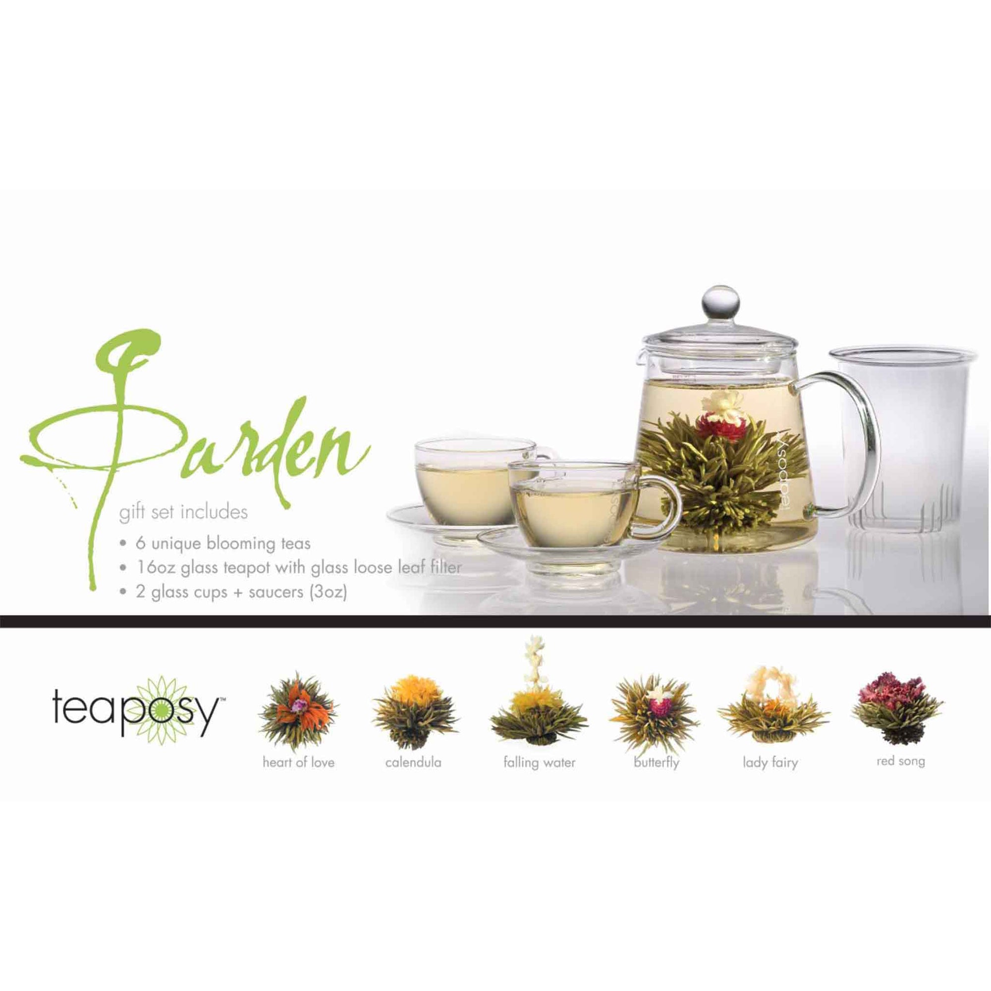 Teaposy garden posy gift set with 6 unique blooming teas, a tea-for-two glass teapot and 2 soulmates glass tea cup sets