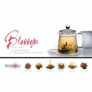 Teaposy blossom gift set showing six unique blooming teas with the tea-for-two glass teapot