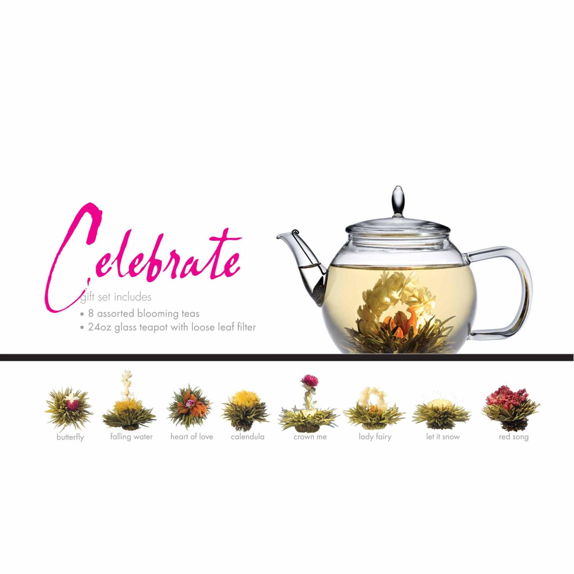 Teaposy celebrate posy gift set with 8 unique blooming teas in a 24oz glass teapot