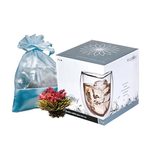 Teaposy rondo posy gift set showing 6 unique blooming teas in a blue oganza bag, and a double-walled glass mug in a box